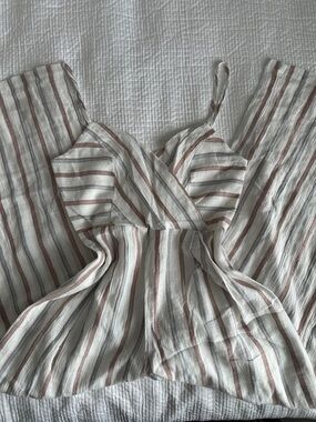 Wide Leg Striped Jumpsuit in White and Earthy Tones with Pockets